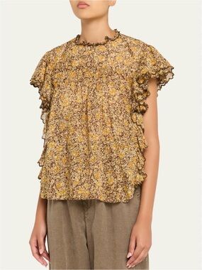 0176 Doe & Rae Yellow Brown Floral Ruffle Tank Top